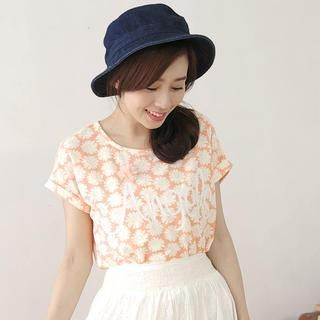 Tokyo Fashion Short-Sleeve Flower-Accent Patterned Top