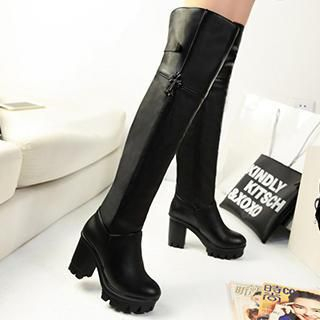 Gizmal Boots Faux Leather Block Heel Long Boots
