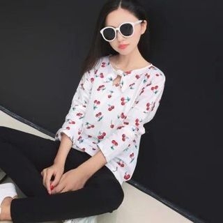 Singkbee Long-Sleeve Bow-Accent Cherry-Print Top
