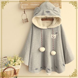 Fairyland Cat Applique Fleece-Lined Hooded Poncho