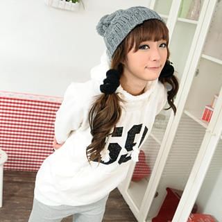 "59" Print Fleece-Hooded Pullover White - One Size