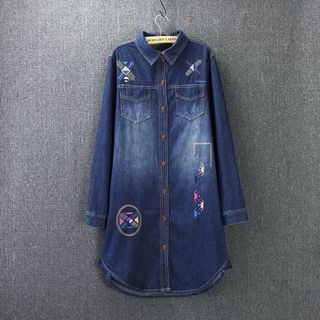 Blue Rose Embroidered Washed Long Denim Shirt
