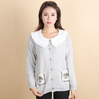 11.STREET Embroidered Cat Collared Cardigan