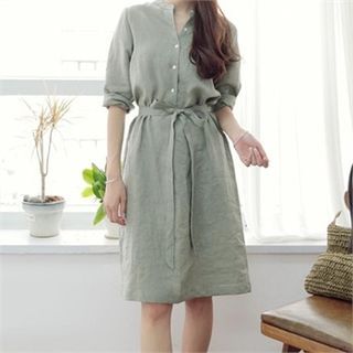 YOOM Mandarin-Collar Linen Shirtdress with Sash