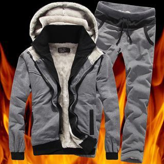 Chic Maison Set: Fleece-Lined Hooded Zip Jacket + Drawstring Fleece-Lined Paneled Pants