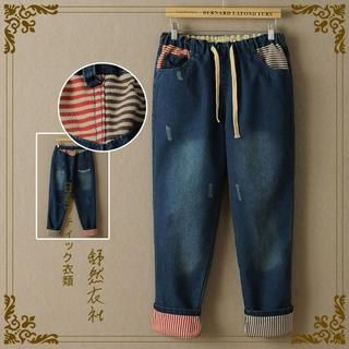 Storyland Stripe Trim Lettering Washed Jeans