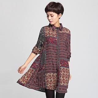 OnceFeel Long-Sleeve Pattern Shirt Dress