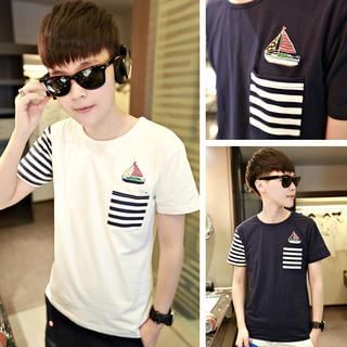 JUN.LEE Embroidered Striped Panel T-Shirt