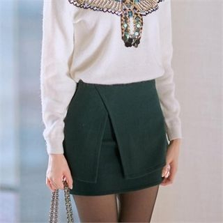 Attrangs Flap-Overlay Wool Blend Mini Skirt