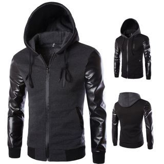 Bay Go Mall Faux Leather Sleeve Hooded Zip Jacket