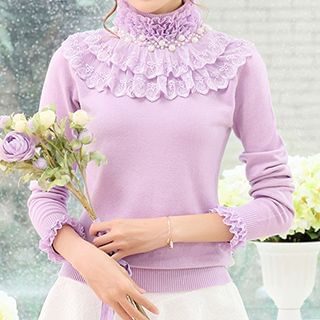 Emeline Lace Stand Collar Knit Pullover