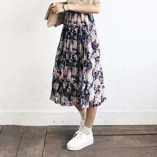 kenzi w Band Waist Floral Print Pleated Midi Skirt