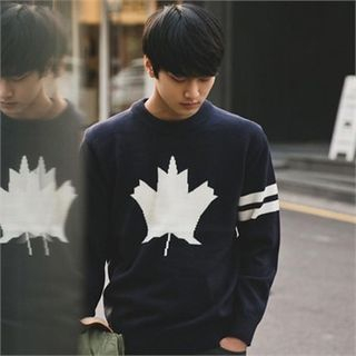 STYLEMAN Stripe-Trim Maple Print Sweater