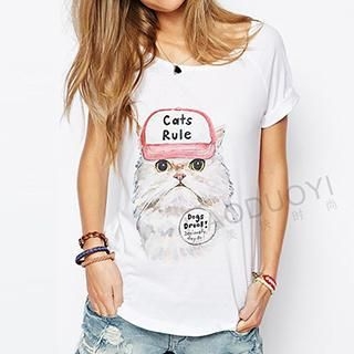 Obel Short-Sleeve Cat Print T-Shirt