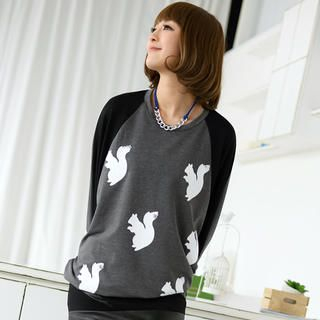59 Seconds Dolman Sleeve Sequined Squirrel Print Top Gray - One Size