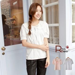 RingBear Pleated-Trim Bow-Accent Peter Pan-Collar Puff-Sleeve Top