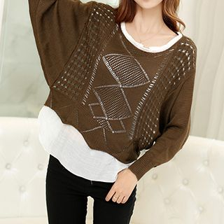 Jiuni Long-Sleeve Lace Knit Panel Top
