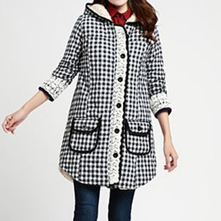 Jiuni Hooded Check Long Quilted Jacket