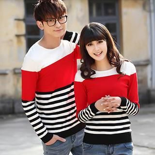 Igsoo Couple Color Block Striped T-Shirt