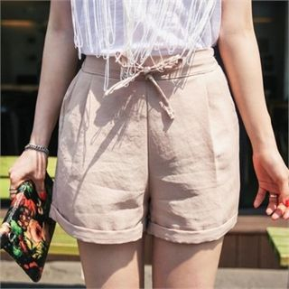 QNIGIRLS Cuffed-Hem Linen Shorts