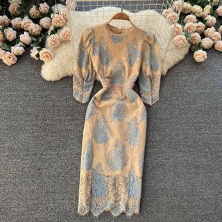 Image of Round-Neck Lace Cutout Short-Sleeve Dress