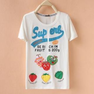 Cute Colors Short-Sleeve Lettering & Fruit Pattern T-Shirt
