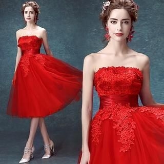 Angel Bridal Strapless Lace Tea-Length Wedding Dress