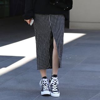 Eva Fashion Check Slit Midi Skirt