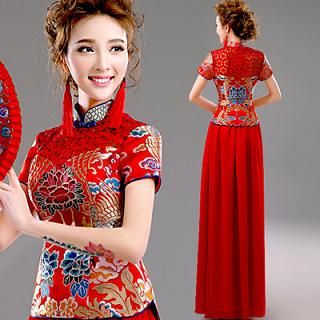 Angel Bridal Short-Sleeve Embroidered Cheongsam Evening Dress