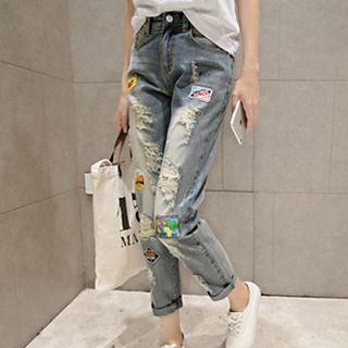 QUNI Appliqu  Distressed Washed Cropped Jeans