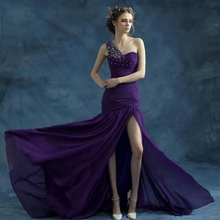 Angel Bridal One-Shoulder Slit Jeweled Evening Dress