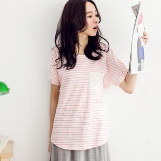 Tokyo Fashion Lace-Panel Short-Sleeve Striped Top