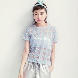 Tokyo Fashion Tulle-Panel Short-Sleeve Houndstooth Top