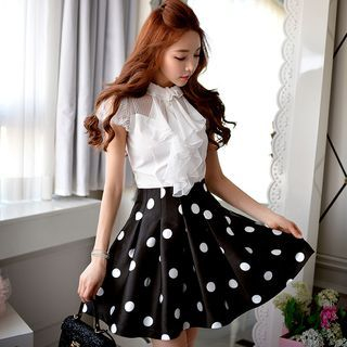 Dabuwawa Polka-Dot Print Pleated A-Line Skirt