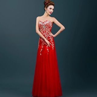 Efon Strapless Embroidered Evening Gown