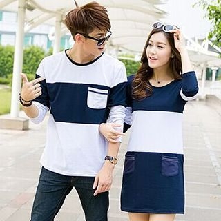 Fashion Street Couple Matching Color Block Long-Sleeve T-Shirt