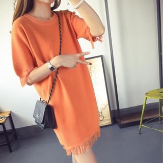 Bubbleknot 3/4-Sleeve Fringe Trim Dress