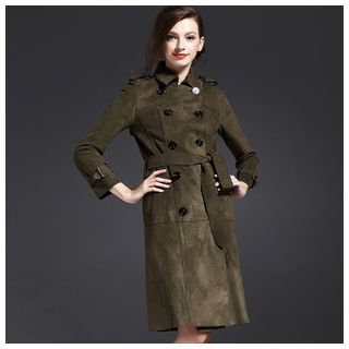 Y:Q Faux-Suede Double-Breasted Long Jacket with Sash