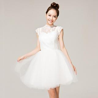 Beautiful Wedding Mock Neck Cap-Sleeve Lace Party Dress