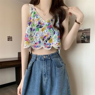 V-Neck Floral Print Crop Tank Top