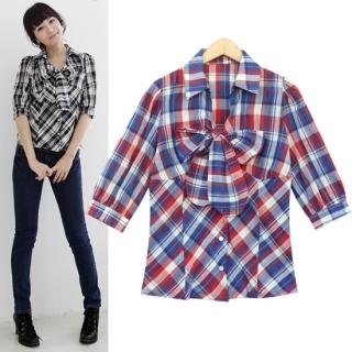 Bow Accent Elbow-Sleeve Check Shirt