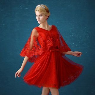 Loree Cape-Sleeve Embroidered Cocktail Dress