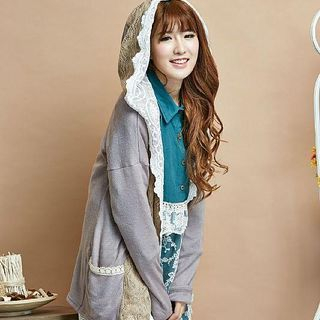 Blue Hat Lace-Panel Hooded Cardigan