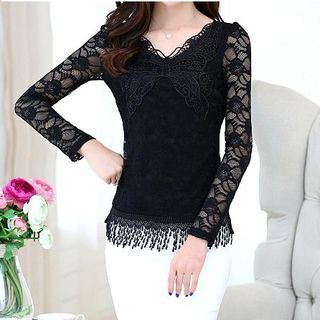 Fumiko Long-Sleeve Lace Panel V-neck Top