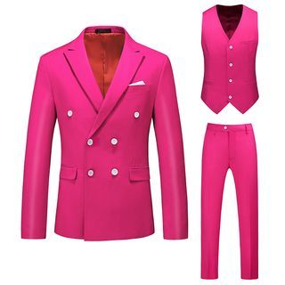 Set: Plain Double-Breasted Blazer + V-Neck Single-Breasted Vest + Mid Rise Straight Leg Dress Pants