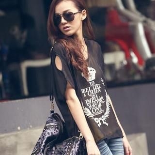 Off-Shoulder “Crown” Print Chiffon Top Black – One Size