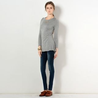 YesStyle Z Round-Neck Slit-Back Long T-Shirt Gray - One Size