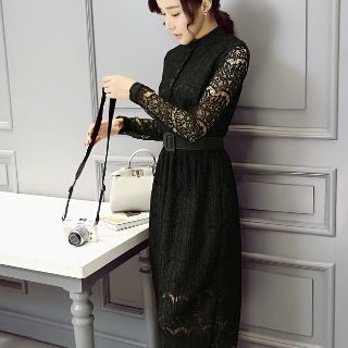 Romantica Long-Sleeve Belted Plain Lace Dress