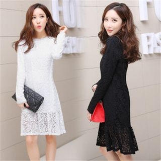 AiSun Fleece-Lined Lace Long-Sleeve Dress