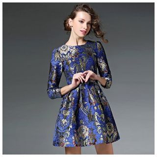 Elabo Long-Sleeve Patterned Pleated Dress
